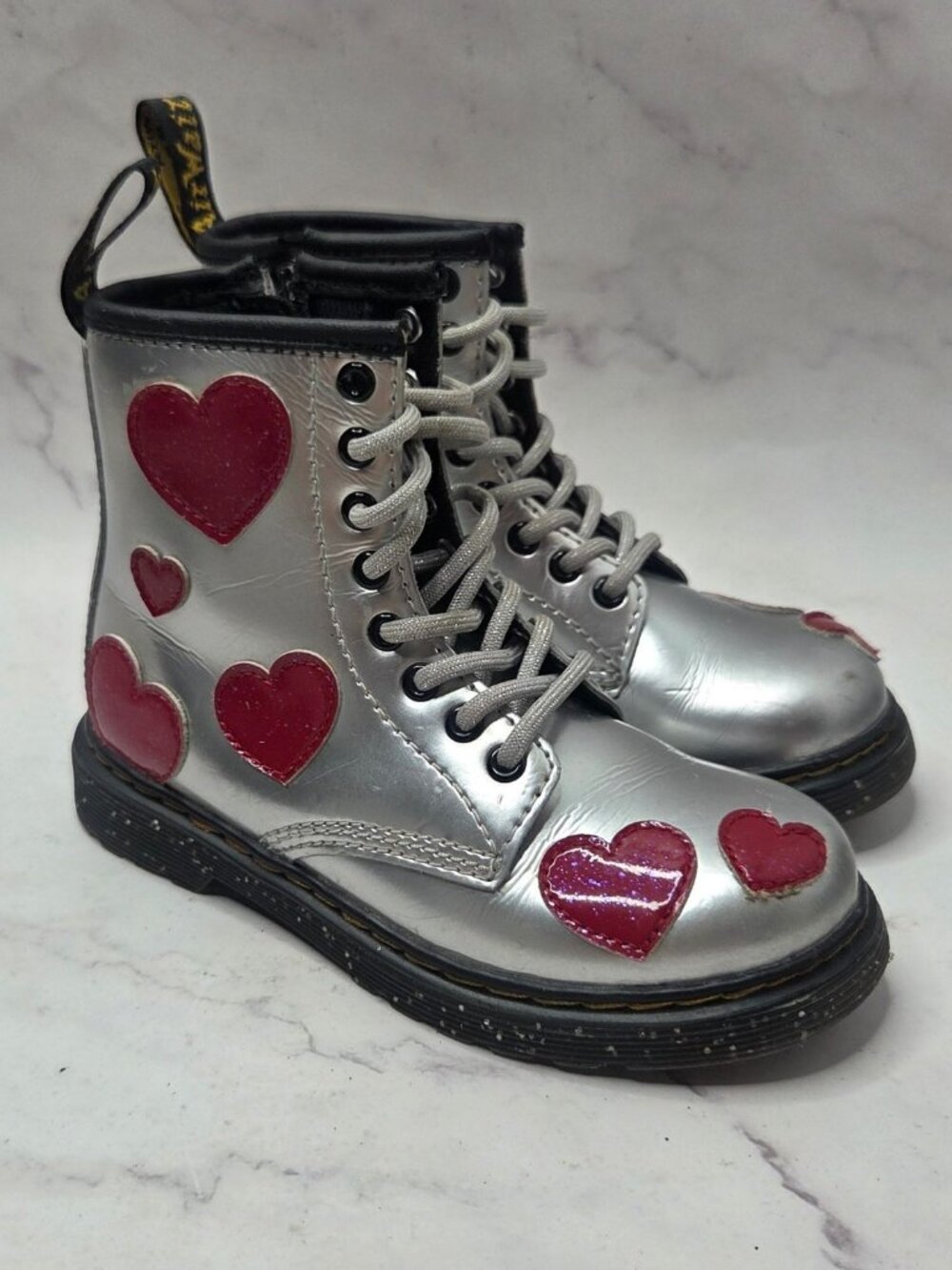 Dr. Martens 1460J Heart Silver Heart Boots Booties Leather Girls Size 11 - Picture 1 of 8